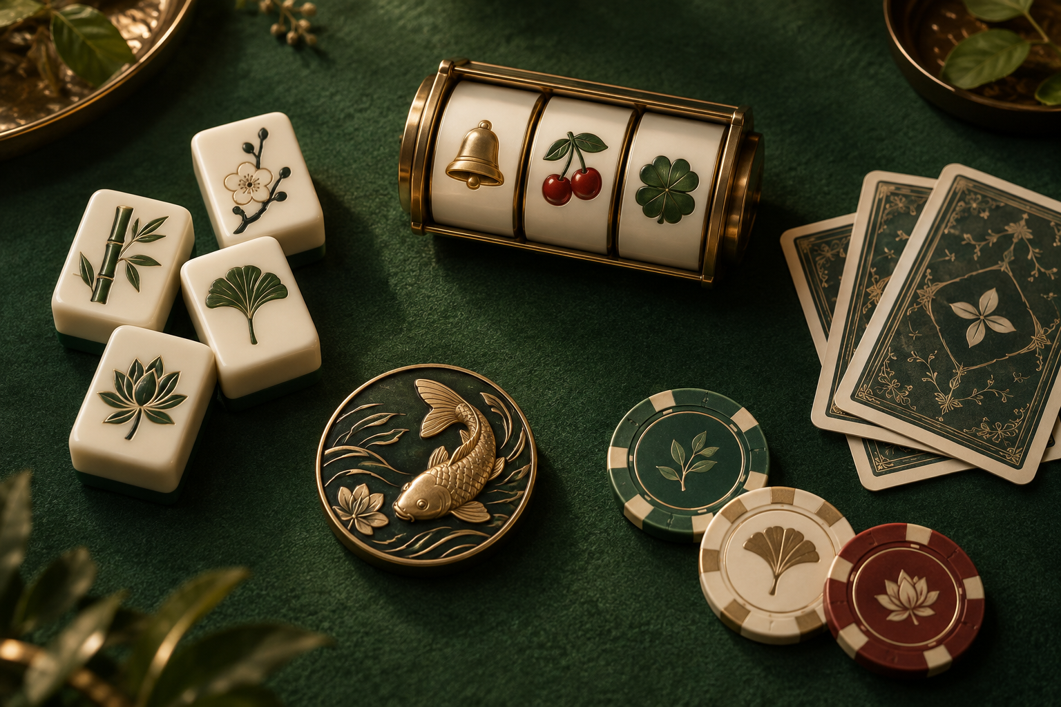 Komposisi meja kasino dengan kartu, keping, ubin dan gulungan slot