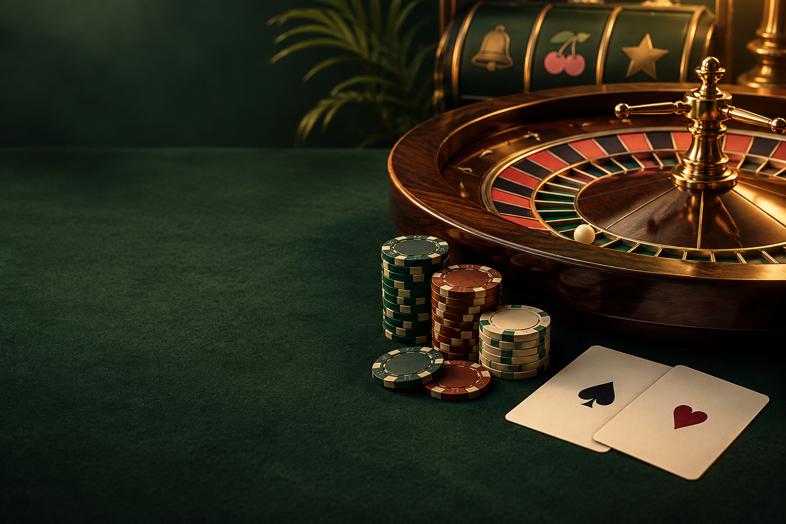 Meja roulette dengan keping dan kartu dalam cahaya tembaga